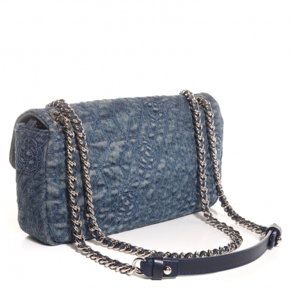 CHANEL  Denim Camellia Embroidered Flap Dark Blue - Picture 3 of 8
